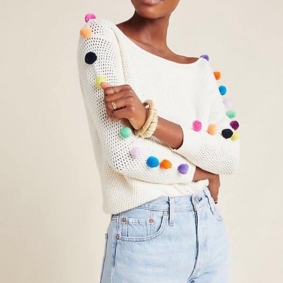 Anthropologie Sweater with Fuzzy Puff Ball Pom Accent Sleeves, size M - Picture 3 of 5